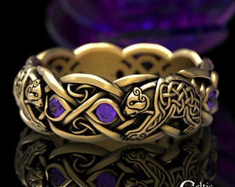 Gold Bear Ring, Amethyst Celtic Ring, White Gold Bear Ring, Amethyst Bear Ring, Celtic Bear Ring, Bear Wedding Band, Purple Bear Ring, 1682