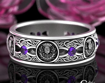 Amethyst Thistle Heart Ring, Sterling Thistle Wedding Band, Mens Scottish Thistle Ring, Silver Irish Thistle Ring, Celtic Thistle Ring, 4409