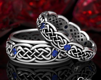 Matching Sapphire Rings, His Hers Wedding Ring Set, Sterling Silver Matching Ring Set, Wedding Band Matching, Celtic Ring Set, 1584 1582