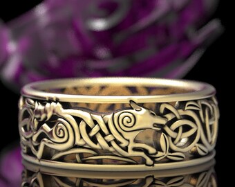 Gold or Platinum Celtic Wolf Ring, Mens Wolfkin Weave Wedding Ring, Shadowfang Handfasting Band, Norse Viking Mac Tire Union Ring, 1298