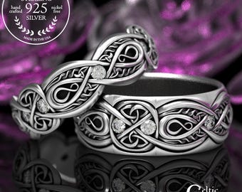 Sterling Silver & Moissanite Trinity Ring Set, Irish Gemstone Knotwork Rings, Elegant Celtic Wedding Rings, Handfasting Band Set, 1411 1642
