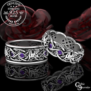 His Hers Dragon Rings, Amethyst Sterling Wedding Rings, Matching Norse Wedding Bands, Welsh Dragon Wedding Ring Set, Dragon Rings, 3016 3109