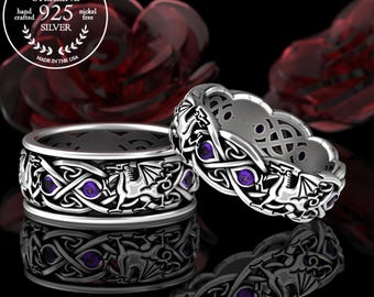 His Hers Dragon Rings, Amethyst Sterling Wedding Rings, Matching Norse Wedding Bands, Welsh Dragon Wedding Ring Set, Dragon Rings, 3016 3109
