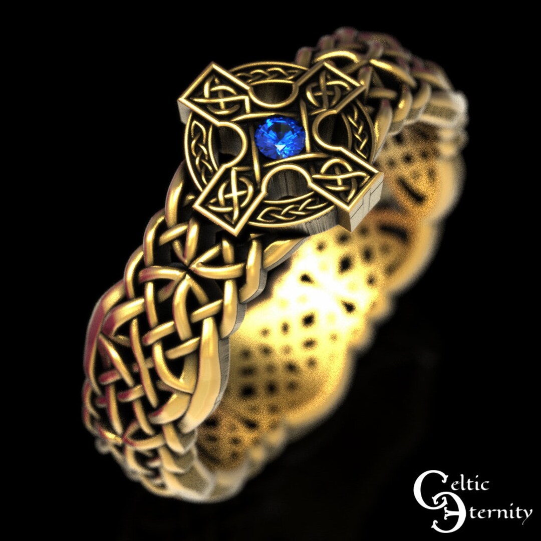 10K Cross Ring Mens Gold Cross Wedding Ring 10K Sapphire Etsy