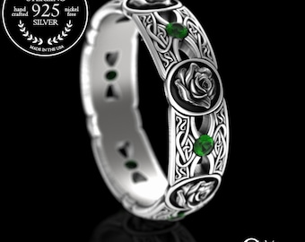 Sterling Rose Flower Ring, Emerald Irish Flower Wedding Ring, Womens Woven Emerald Scottish Ring, Silver Knotwork Heart Wedding Band, 3046
