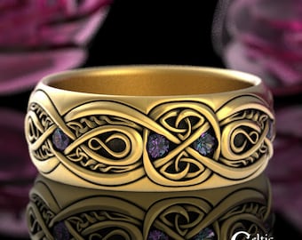 Gold & Alexandrite Celtic Ring, Alexandrite Mens Wedding Band, 10K Alexandrite Celtic Wedding Band, 14K Alexandrite Celtic Wedding Ring,1642