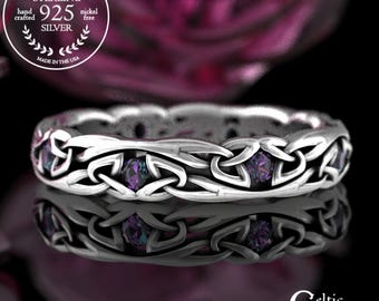 Sterling Alexandrite Celtic Wedding Band, Womens Narrow Wedding Ring, Thin Alexandrite Wedding Ring, Alexandrite Irish Wedding Band, 1467