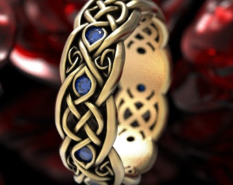 Infinity Wedding Band With Blue Sapphires, Gold Celtic Ring, Unique Wedding Ring, Celtic Wedding Band, 10K 14K 18K Gold or Platinum 1052