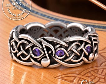 Sterling Music Notes Ring for Woman, Amethyst Celtic Wedding Ring, Silver Guitar Wedding Ring, Musical Wedding Ring, Music Jewelry, 1714
