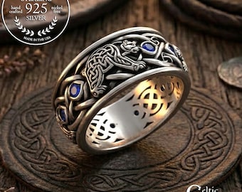 Norse Bear Ring, Sapphire & Sterling Mens Celtic Bear Wedding Band, Silver Grizzly Bear Ring, Viking Bear Ring, Bear Heraldry Ring, 3095