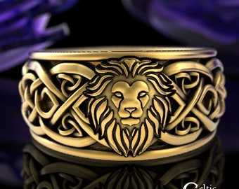 Gold Lion Ring, Gold Celtic Lion Ring, Men's Celtic Wedding Band, Platinum Lion Ring, White Gold Lion Ring, Mens Celtic Gold Ring, 3006