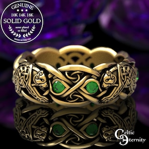 Gold Bear Ring, Emerald & Gold Celtic Ring, White Gold Bear Ring, Platinum Bear Ring, Celtic Bear Ring, Bear Wedding Band, Bear Ring, 1682