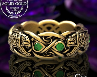 Gold Bear Ring, Emerald & Gold Celtic Ring, White Gold Bear Ring, Platinum Bear Ring, Celtic Bear Ring, Bear Wedding Band, Bear Ring, 1682