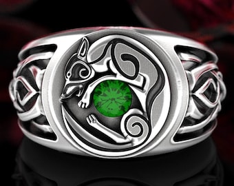 Wolf Signet Ring, Emerald & Sterling, Mens Celtic Signet Ring, Mens Silver Celtic Ring, Mens Wolf Ring, Mens Silver Signet Ring, 1354