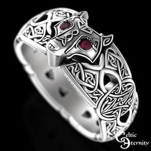 Ruby Celtic Wolf Ring, Ruby Wolf Ring, Sterling Wolf Ring, Wolf Wedding Ring, Ruby Viking Ring, Viking Wolf Ring, Mens Wolf Ring, 1744 image 5