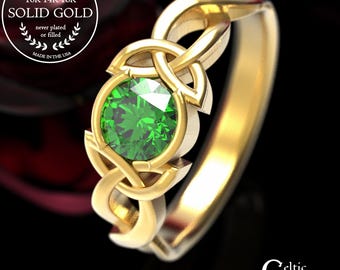 Celtic Emerald Engagement Ring, Celtic Gold Knot Ring, Platinum Trinity Knot Engagement Ring, 10K 14K Gold Women's Irish Wedding Band, 405