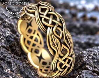 Womens Gold Botanical Ring, 10K 14K Infinity Pattern Ring, White Gold Leaves Celtic Ring, Irish Woven Leaf Wedding Band, Nature Jewelry 1961