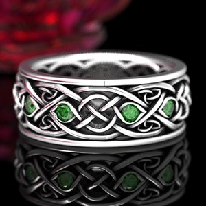 Sterling Silver Wolf Ring, Men's Celtic Wedding Band, Emerald Wolf Ring, Celtic Wedding Ring, Celtic Emerald Ring, Wide Mens Ring, 1269 image 3