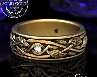 14K Men's Botanical Forest Ring, Moissanite Twig Leaves Wedding Band, 18K Gold Groom's Nature Marriage Band, Platinum Tree Branches, 2053