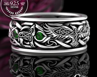 Sterling Raven & Wolves Wedding Ring, Mens Emerald Wolf Wedding Ring, Emerald Viking Ring, Viking Raven Ring, Raven Wedding Ring, 4697