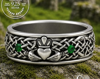 Sterling & Emerald Groom's Claddagh Ring, Silver Irish Knotwork Wedding Band, Celtic Man Emerald Ring, Men's Handfasting Ring, 3324