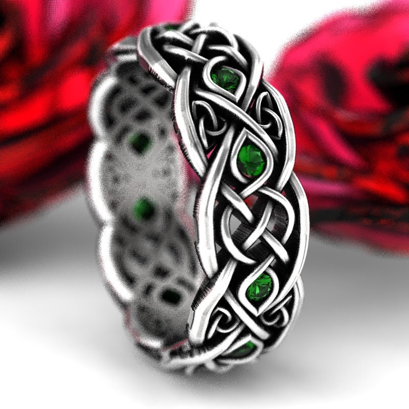 Infinity Emerald Wedding Band, Sterling Celtic Ring, Irish Wedding Ring