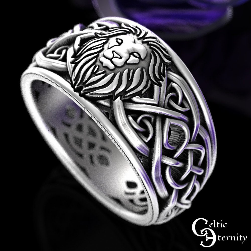 Sterling Silver Lion Ring Mens Lion Wedding Band Celtic Lion