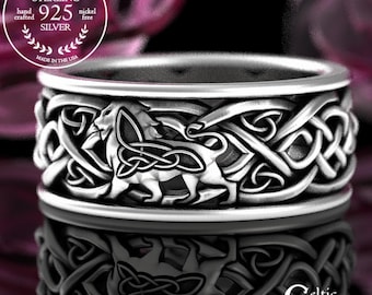 Sterling Silver Lion Ring, Scottish Mens Lion Wedding Ring, Silver Irish Lion Wedding Band, King of the Jungle Ring, Irish Mens Band, 3048