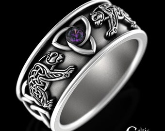 Alexandrite Bear Wedding Band, Sterling Viking Mens Ring, Silver Scottish Bear Ring, Mens Alexandrite Celtic Ring, Irish Knotwork, 3102