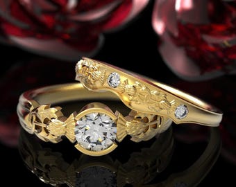 Gold Royal Thistle Engagement Ring Set, 10K Moissanite Wedding Rings, 18K Scottish Highlands Ring, Celtic Blossom Engagement Ring, 1774 1775