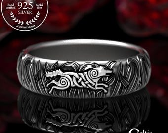 Sterling Celtic Wolf Ring, Celtic Wolf Wedding Band, Womens Wolf Ring, Womens Wolf Wedding Ring, Irish Wolf Ring, Silver Wolf Ring, 1909