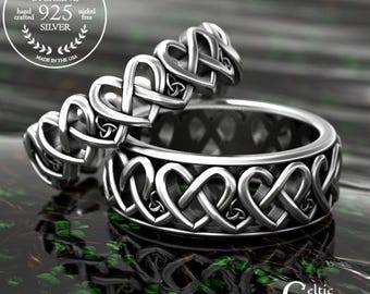 His Hers Woven Heart Celtic Wedding Bands, Sterling Silver Heart Knotwork Rings for Irish Wedding, Matching Unbreakable Love Rings,1999 2000