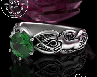 Emerald Cat Proposal Ring, Sterling Celtic Kitten Wedding Ring, Silver Kitty Cat Marriage Ring, Round Emerald in Celtic Prong Solitaire,3273