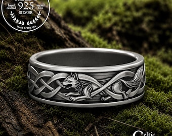 Men's Guardian Norse Wolf Ring, Sterling Viking Wedding Band, Silver Irish Knotwork Jewelry, 2111