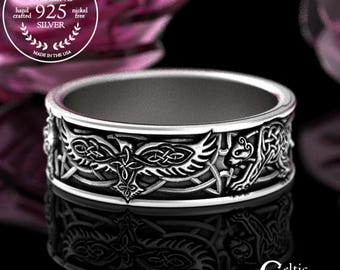 3 Viking Animal Ring, Sterling Raven Bear Wolf Wedding Band, Viking Spirit Animal Ring, Men Viking Wedding Band, Silver Men Raven Ring, 4161