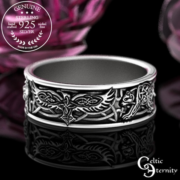 3 Anillos de animales vikingos, alianza de boda de plata esterlina con cuervo, oso y lobo, anillo de espíritu animal vikingo, alianza de boda vikinga para hombre, anillo de plata con cuervo para hombre, 4161