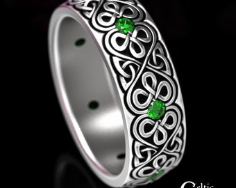 Mens Emerald Celtic Ring, Sterling Trinity Ring, Emerald Celtic Wedding Band, Solid Silver Mens Wedding Band, Emerald Irish Ring, 1829