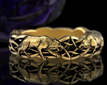 Gold Woman's DireWolf Ring, 10K Viking Alpha Wolves Wedding Band, 14K Nordic Warrior Ring, 18K Wolf Guardian Band, Odin's Wolves Ring, 1746