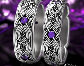 Amethyst Celtic Matching Wedding Ring Set, Sterling Silver + Amethyst Rings, Celtic Couples Ring Set, Matching Knotwork Rings, 1816 1817