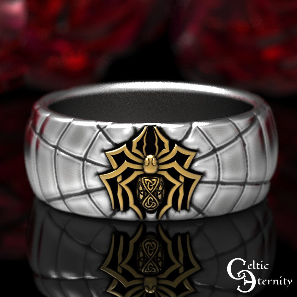10K & Sterling Spider Ring, Celtic Spider Ring, Black Widow Ring, 2tone