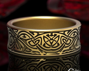 Ancient Norse Viking Ring, Celtic Bird Ring, Gold Wedding Band, Nordic Bird Ring, Viking Wedding Band, Tribal Band, Mens Gold Ring, 1587