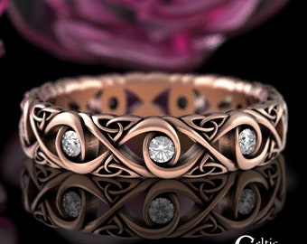 Moissanite Rose Gold Celtic Wedding Ring, 10K Rose Gold Celtic Wedding Band, Womens Rose Gold Irish Ring, 14K Gold Irish Wedding Ring, 1409