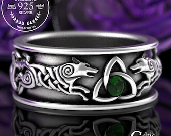 Emerald Wolf Viking Wedding Band, Sterling Norse Wolves Wedding Ring, Silver Mens Wedding Ring, Woven Wolf Trinity Knotwork Ring, 3103