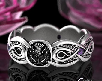 Alexandrite Scottish Thistle Wedding Band, Sterling Irish Wedding Ring, Celtic Wedding Band, Alexandrite Infinity Wedding Ring, 3035