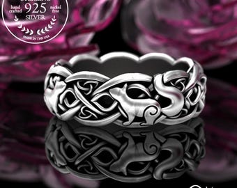 Squirrel Ring, Sterling Silver Forest Wedding Band, Norse Ratatoskr Ring, Forest Animal Ring, Celtic Woodland Creature Wedding Ring, 3142