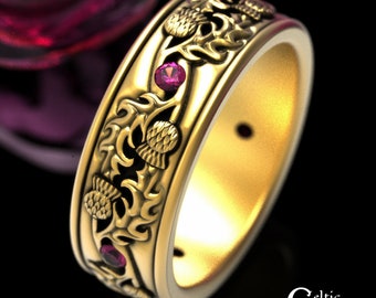 Gold Ruby Thistle Ring, 10K Mens Scottish Thistle Band, Ruby Scotland Wedding Ring, 14K Thistle Celtic Ring, 14K Irish Celtic Ring, 1935