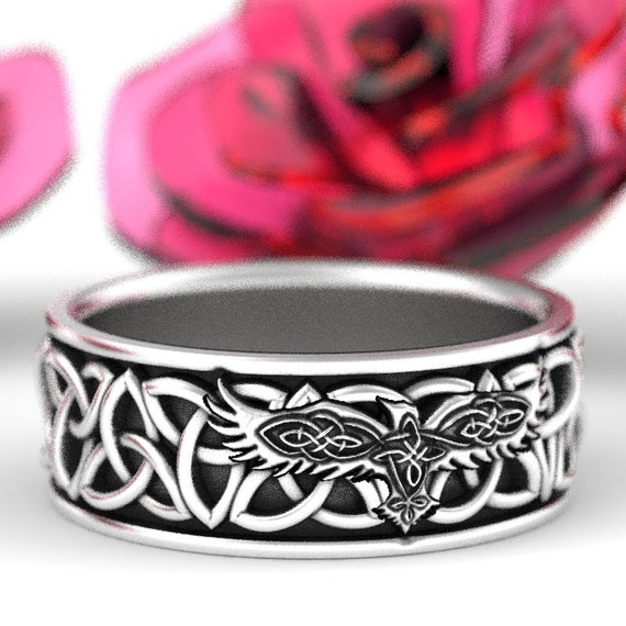 Sterling Silver Celtic Raven Ring Raven Wedding Band Mens