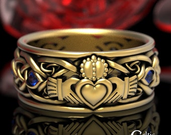 Gold Claddagh Ring with Sapphires, Modern Claddagh Wedding Ring, Celtic Gold Wedding Band, Irish Love Ring, Mens Claddagh Ring, 1688