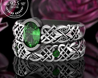 Celtic Emerald Bridal Ring Set, Sterling Matching Pair Wedding Band, Silver Irish Engagement Ring Set, Womens Heart Knotwork Ring, 3018 3017