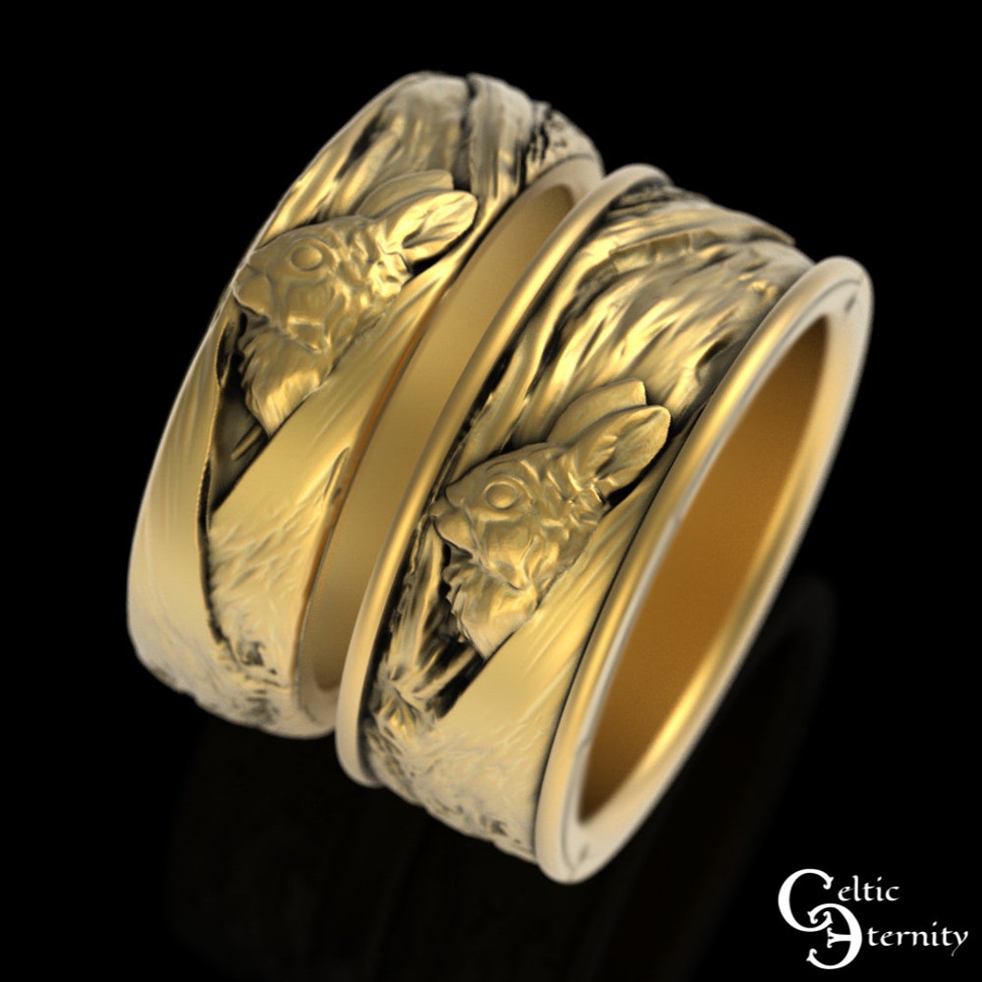 Gold Rabbit Wedding Set, 18K Matching Bunny Burrowkin Wedding Bands ...